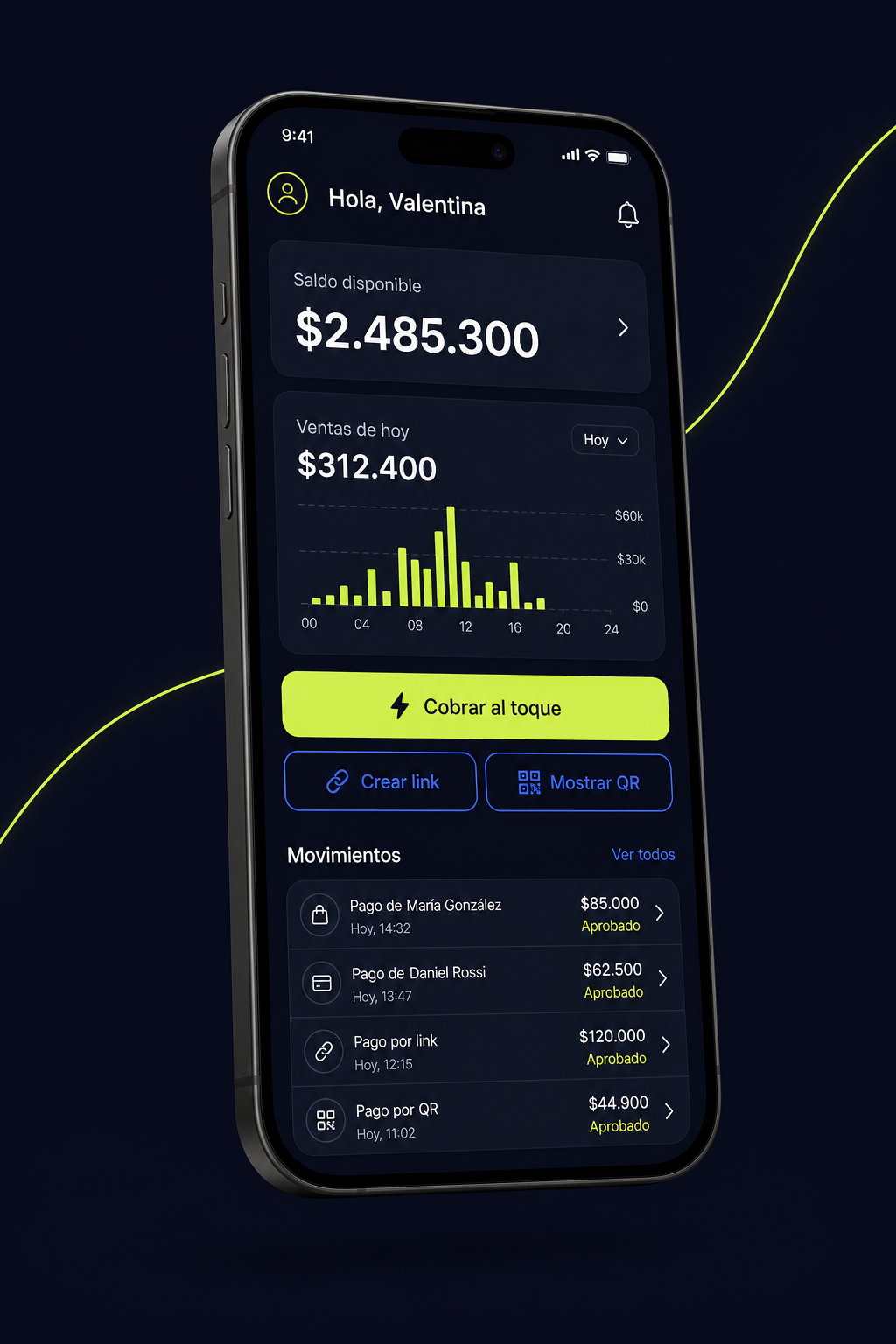 App Toka: saldo disponible, ventas de hoy, botón Cobrar al toque y movimientos aprobados