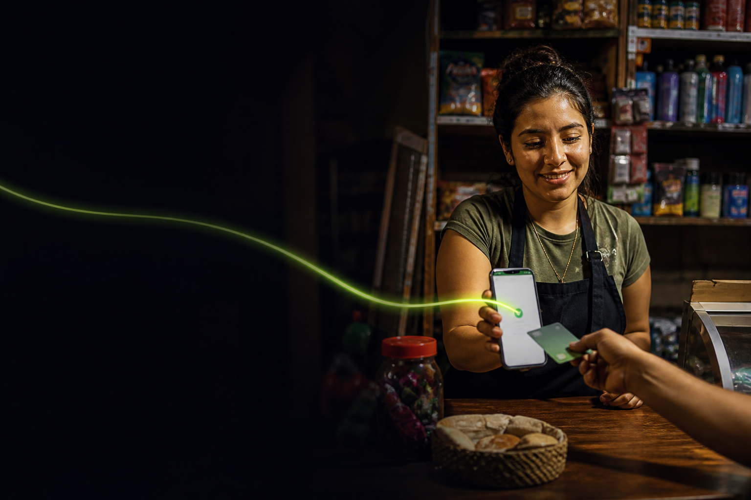 Comerciante cobrando con su celular mientras una clienta acerca su tarjeta