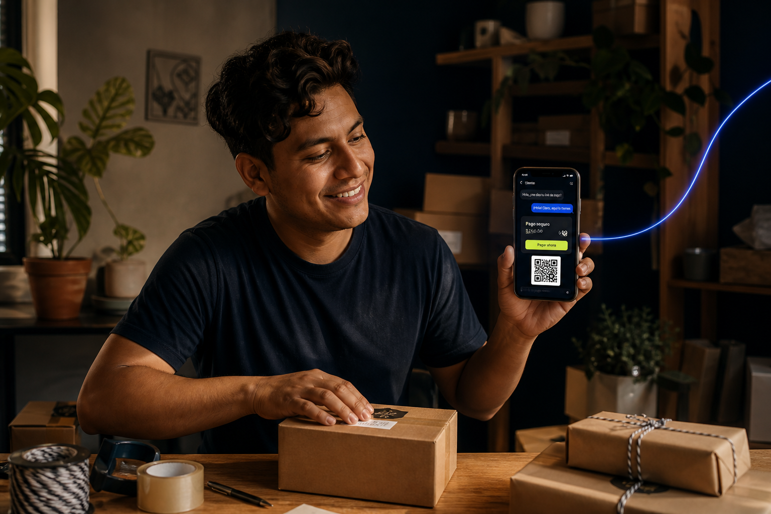Emprendedor mostrando un link de pago con QR en su celular