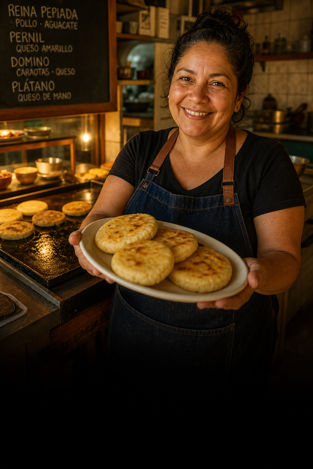 Dueña de arepera mostrando un plato de arepas