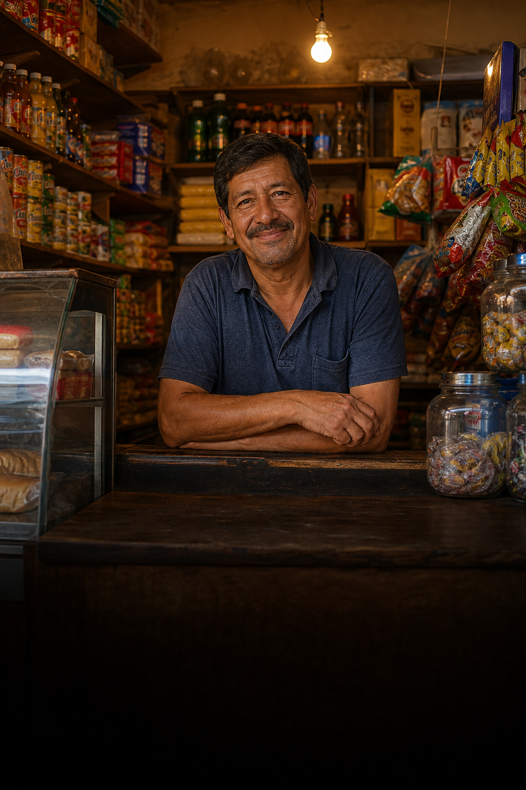 Tendero atendiendo detrás del mostrador de su tienda de barrio