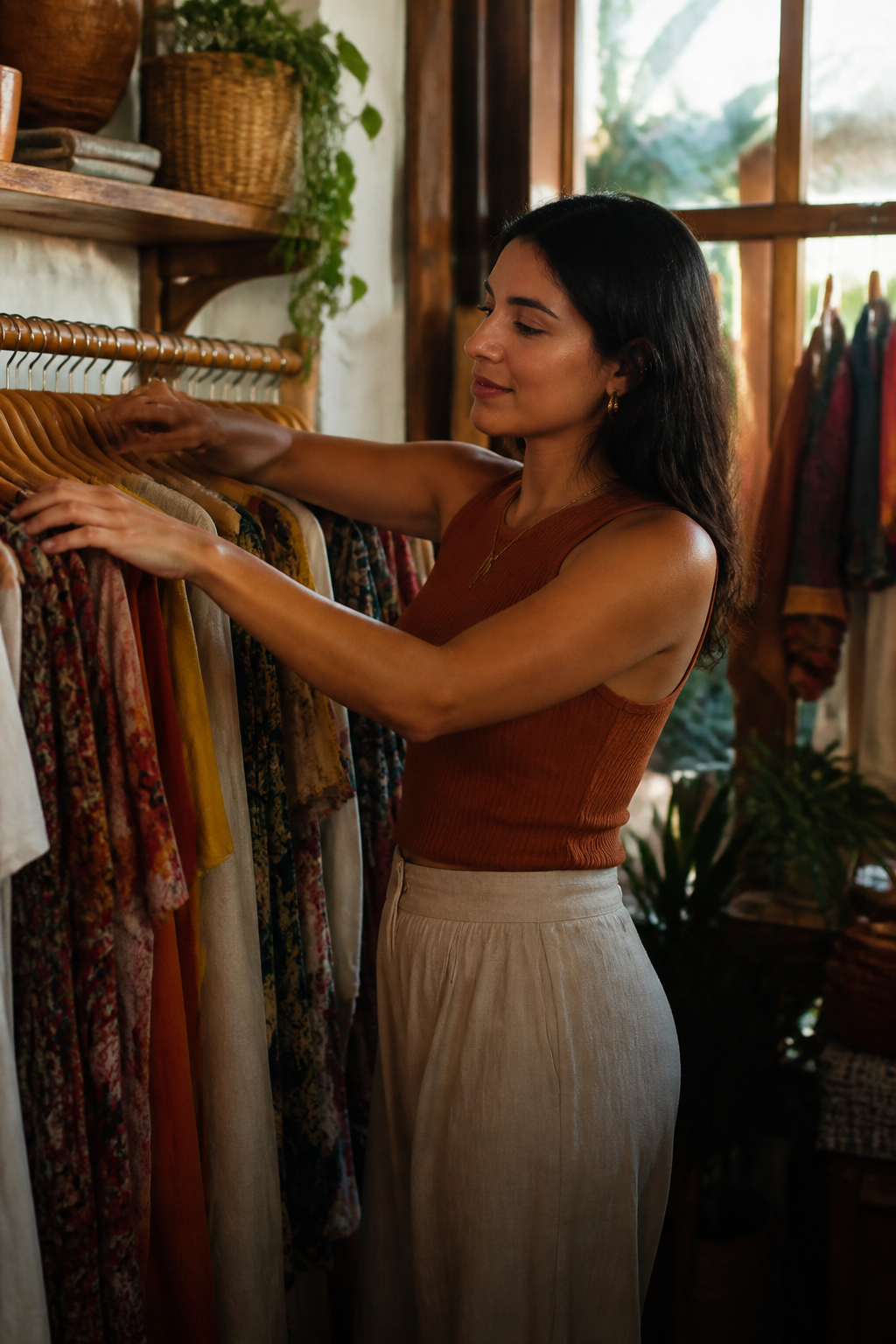 Dueña de boutique organizando prendas