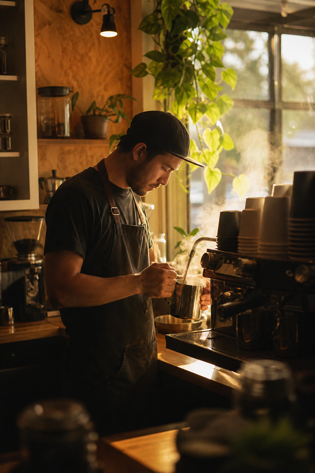 Barista vaporizando leche en café de especialidad