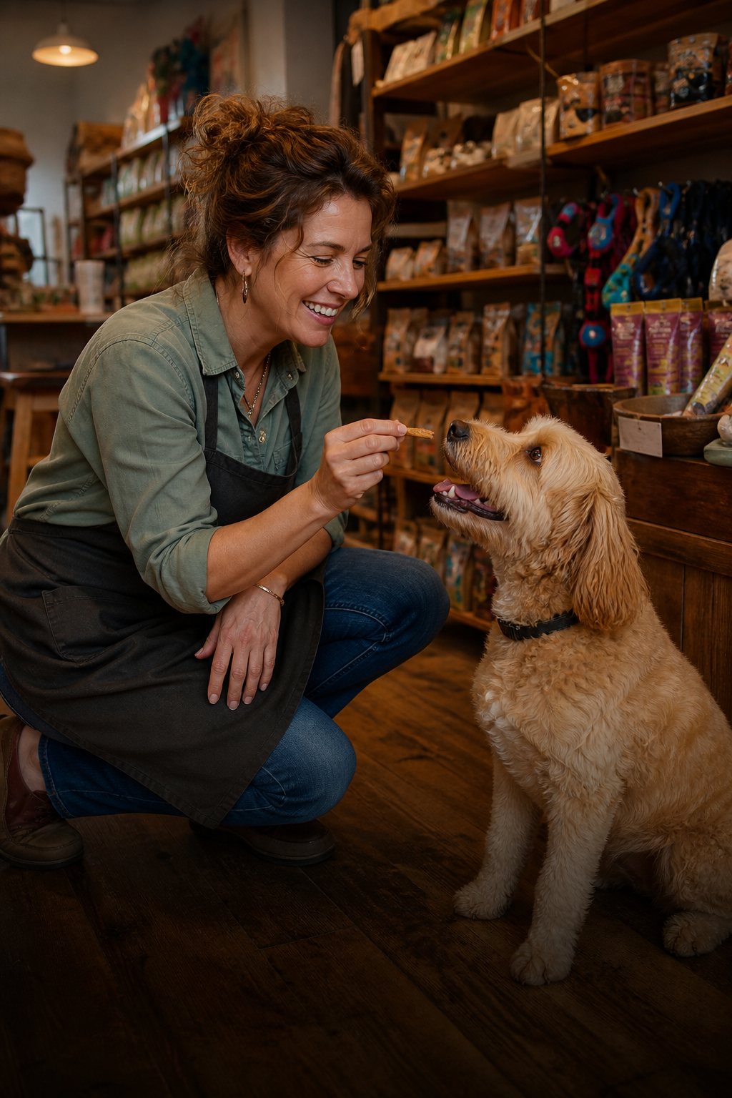 Dueña de tienda de mascotas con un perro