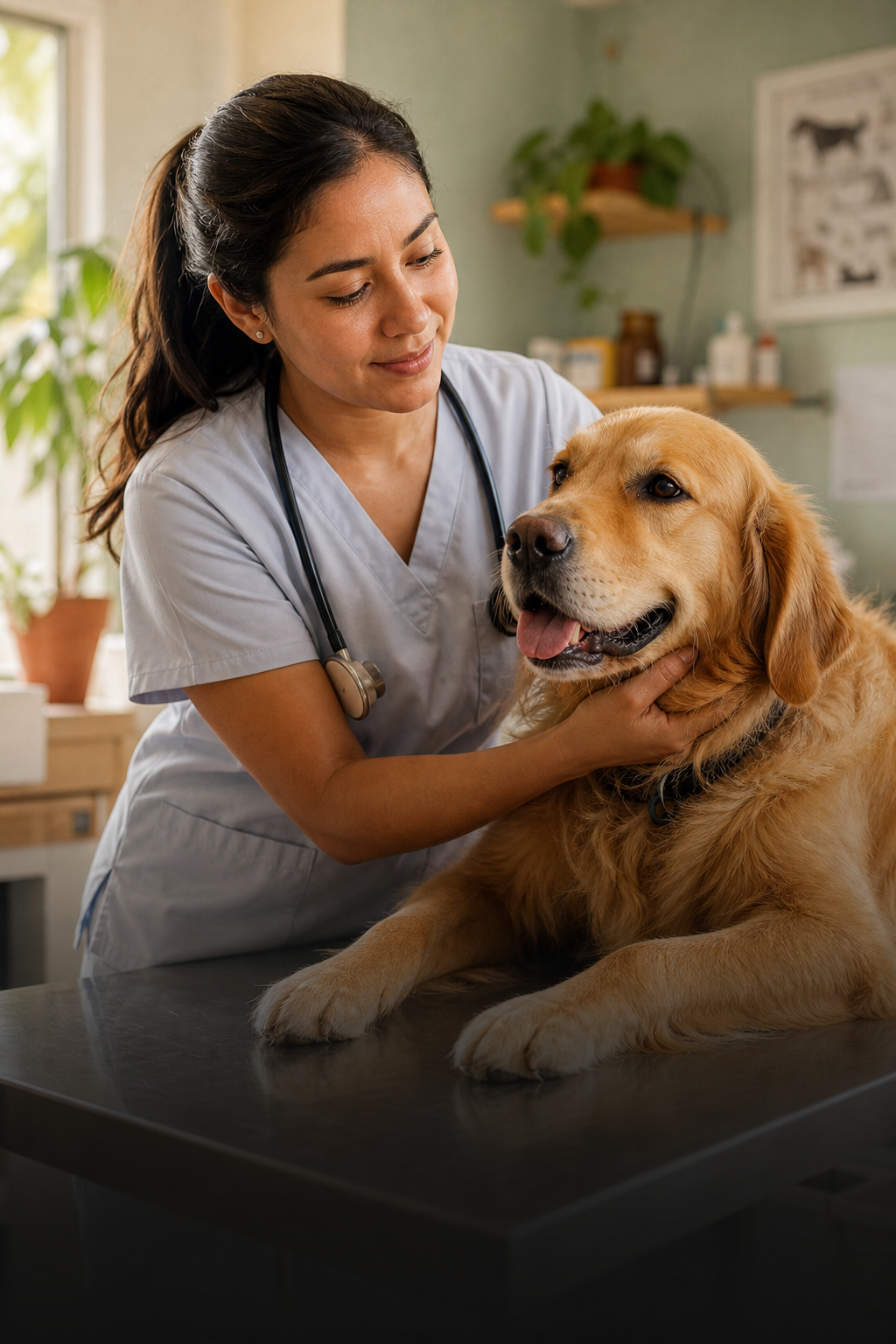 Veterinaria examinando a un golden retriever